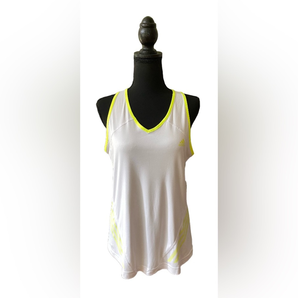 Adidas: White Muscle Tank Top With Yellow Stripes and Logo